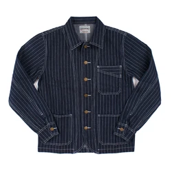 OK8602 Denim Vertical Striped Jacket Men Tooling Motorcycle Style Hip Hop Cool Handsome Youth Multi-Pocket Lapel Coat Clothing