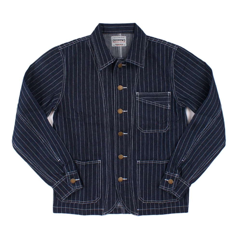OK8602 Denim w pionowe paski kurtka mężczyźni oprzyrządowanie styl motocyklowy Hip Hop fajne przystojny młodzieży multi-pocket płaszcz z klapami odzież