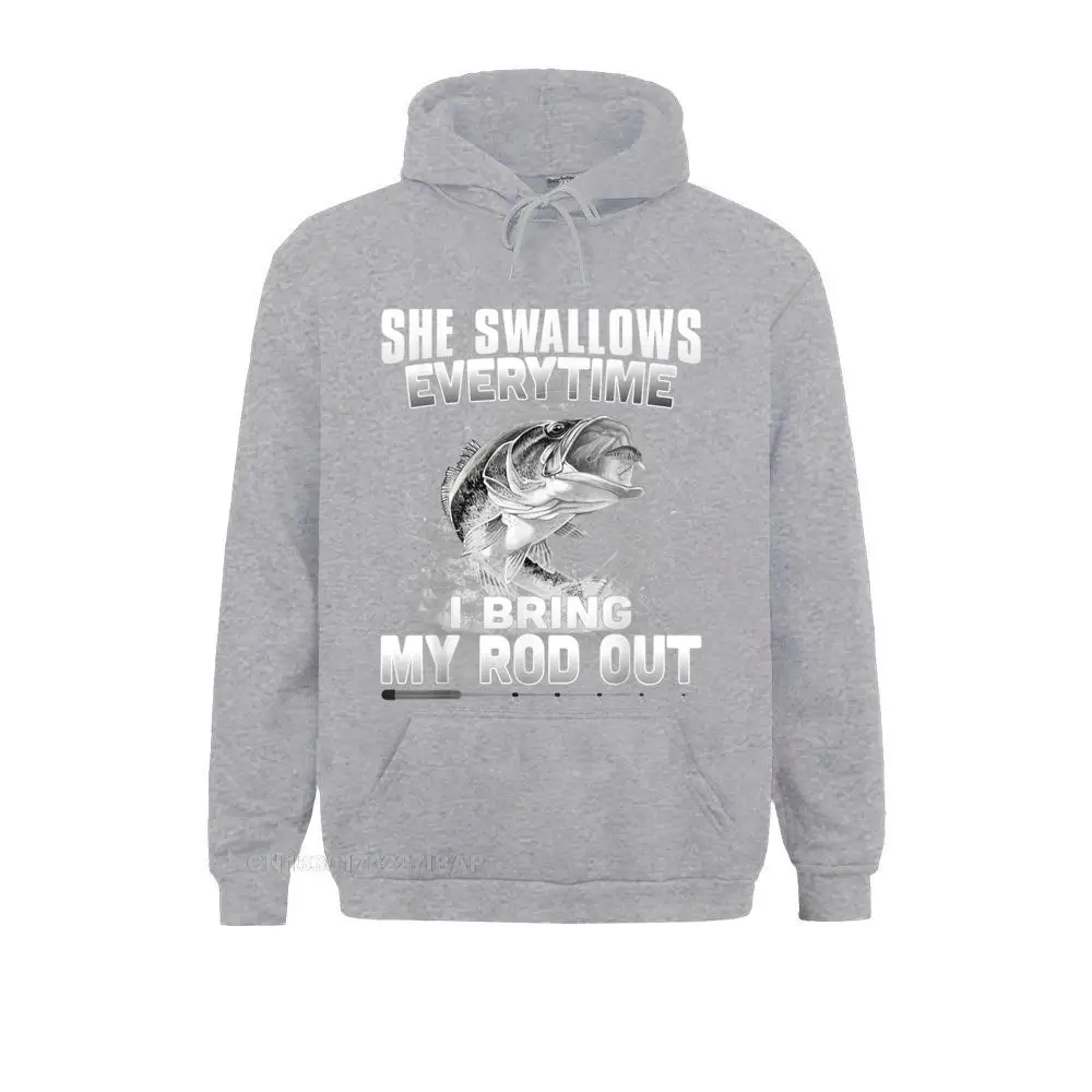 Mens She Swallows Everytime I Bring My Rod Out Funny Fishing Hooded Pullover Retro Printed On Adult Hoodies Birthday Hoods