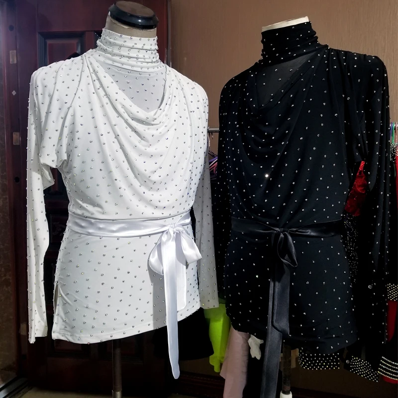 Latin Dance Costume Men Rhinestone Tops High Collar Ballroom Dancing Competition Shirt Long Sleeves Samba Salsa Clothes DNV13902