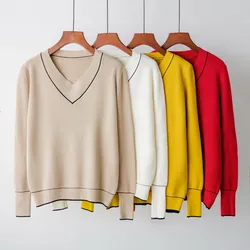 Hirsionsan Autumn Winter Sweater Women 2023 V-neck Knitted Pullover Female Soft Basic Cashmere Jumper Casual Loose Sweaters