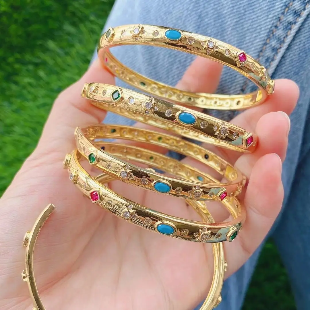 

3PCS, Women CZ Bangle Bracelet Copper Zircon Gold Plated Adjustable Open Cuff Bracelet Rainbow Bracelet