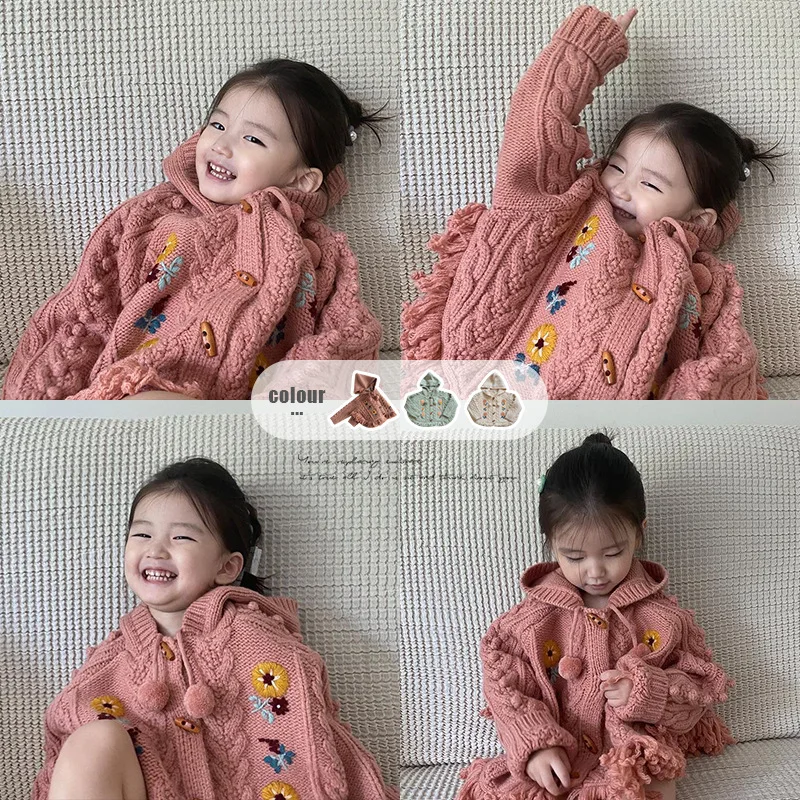 Teenager Kids Cloak Knitted Coats Girls Long Sleeve Embroidery Sweaters Hooded Winter Cardigan Sweater Child Baby Toddler Warm