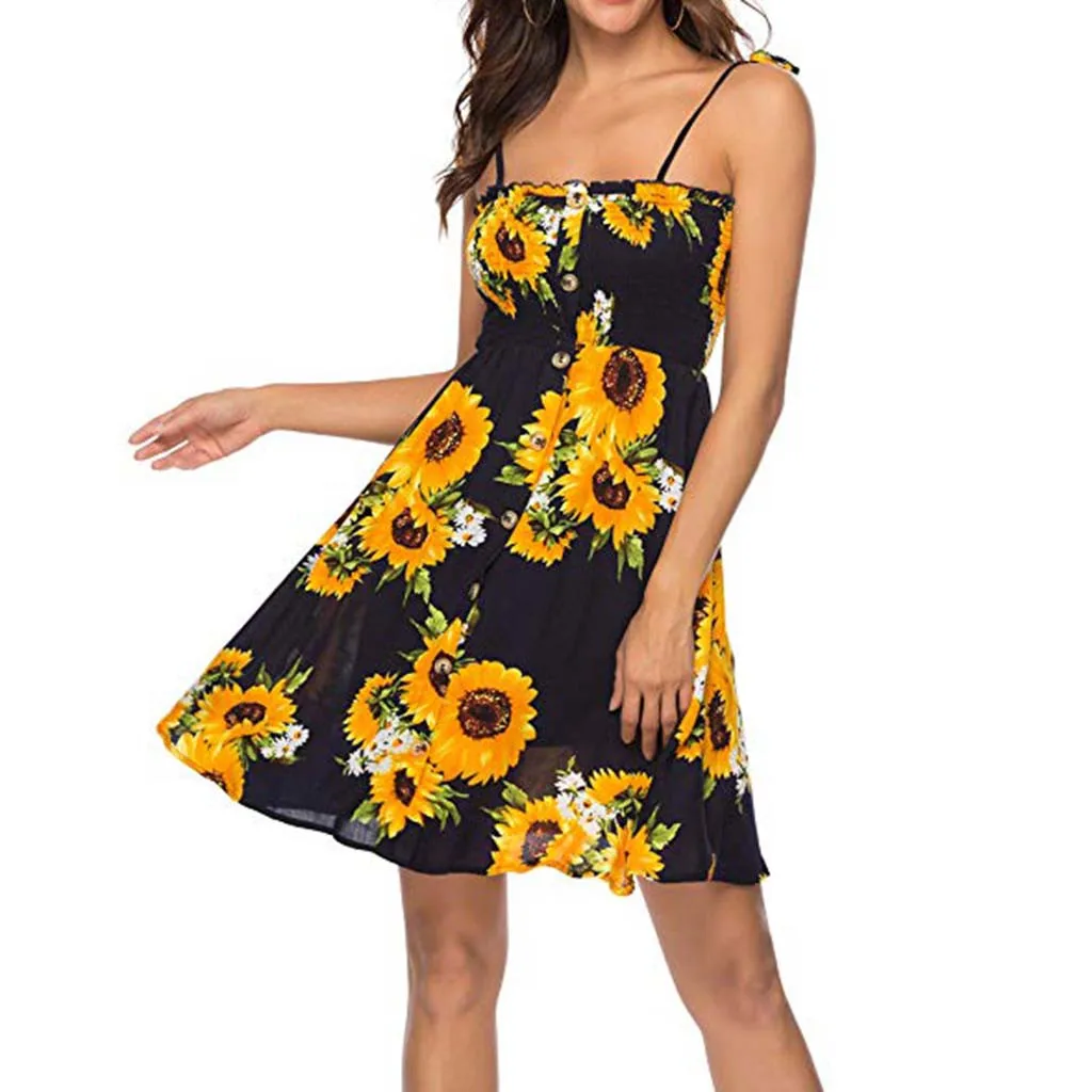 Stylish Bar 2020 Summer Sunflower Party Dress Women Camis Flora Printed Beach Dress Female Backless Mini Dresses Ladies Vestidos