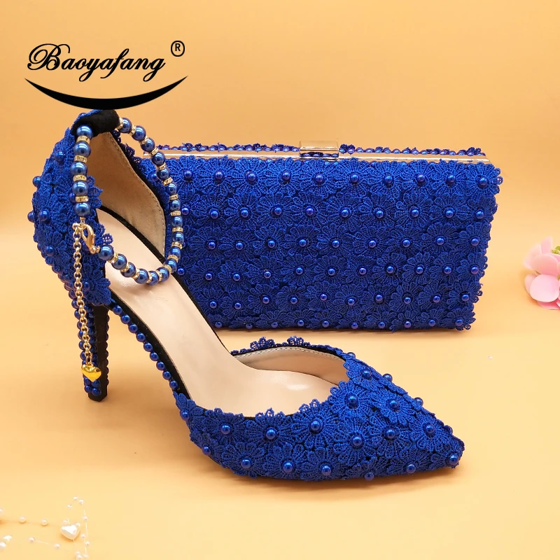 White Lace Flower wedding shoes with matching bags High heels Pointed Toe Ankle Strap Ladies Party shoe and bag set Pearl Shoe