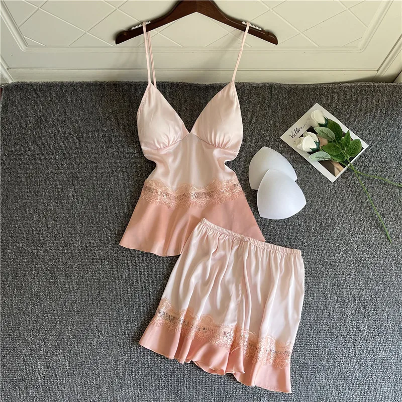 2PCS Sleepwear Sexy Satin Pajamas Set Women Sleeveless Lace Strap Top&Shorts Suit Summer Intimate Lingerie Loose Home Clothes