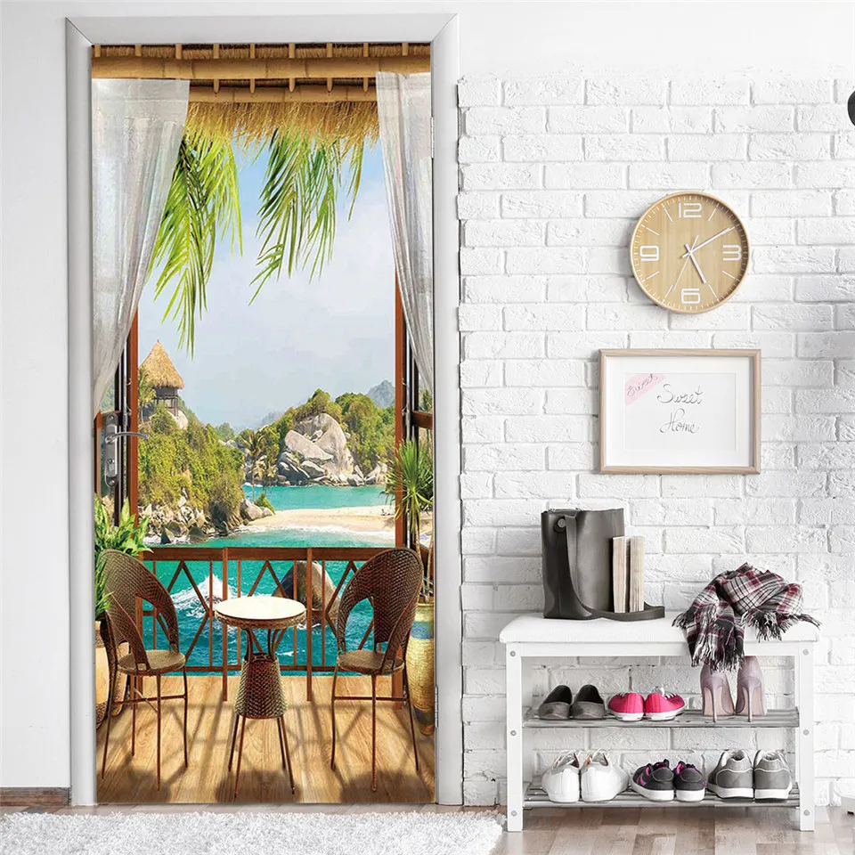 Beach Sun Self-adhesive Door Wallpaper 3D PVC Home Design Decoration Sticker Porte Scenery Poster Mural Wall Decals deursticker