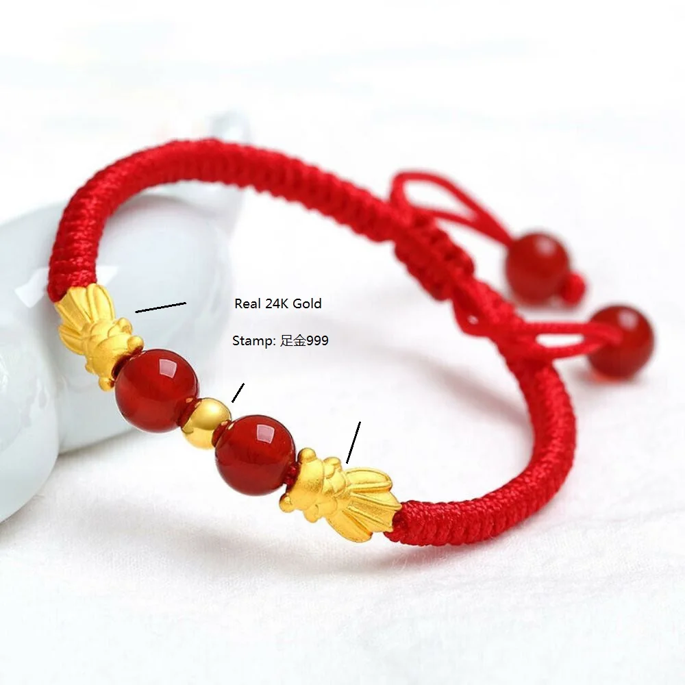 Genuine 24K Yellow Gold 2pcs Fish with Round Bead Red Cord Bracelet Length from 5