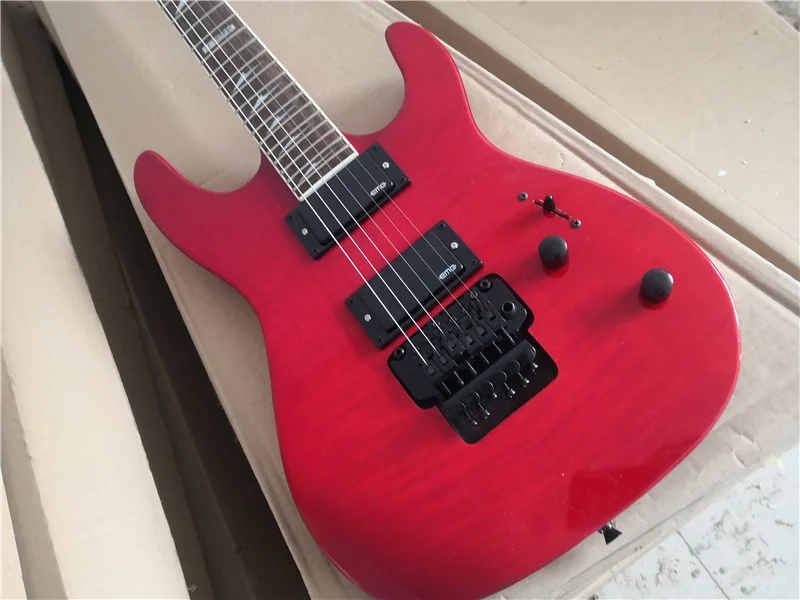 

free shipping order booking 6 strings red guitar, flamed maple veneer basswood ,neck set in body,black tremolo bridge,active