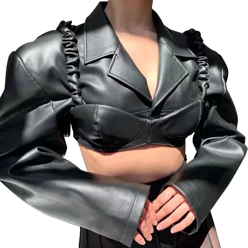 Lautaro Spring Autumn Short Black Light Faux Leather Jacket Women Long Sleeve Lapel Runway Stylish Sexy Fashion 2021 Cropped Top