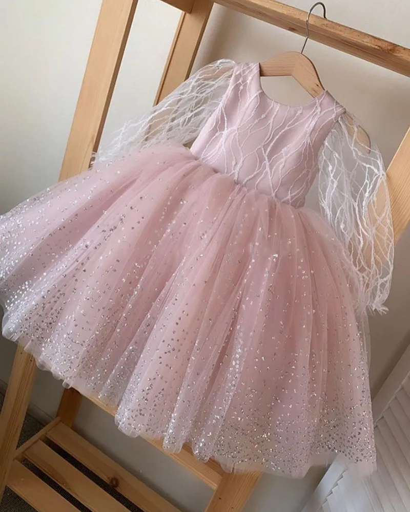 Pink Long Sleeve Girls Dresses Knee Length Flower Girl Dress Kids Clothes Children Birthday Gown Photography Size 12M 24M