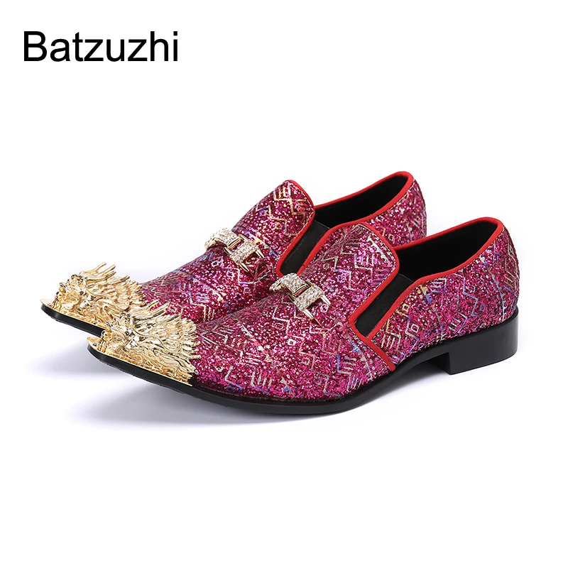 

Batzuzhi Luxury Handmade Men's Shoes Pointed Golden Metal Toe Leather Dress Shoes for Men Pary and Wedding Blink Shoes Zapatos
