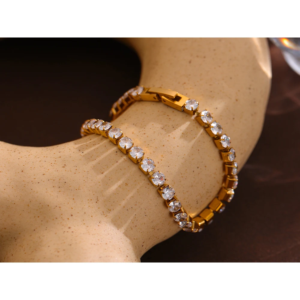 Yhpup Stainless Steel Cubic Zirconia Tennis Chain Bracelet for Women Luxury Charm Bling AAA  Bangle Bracelet Bijoux Femme Gift