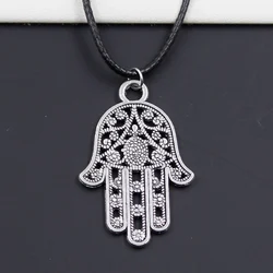 New Durable Black Faux Leather Cord Choker Hamsa Palm Fatima Hand Charm DIY Necklace Boho Tibetan Pendant Dropshipping