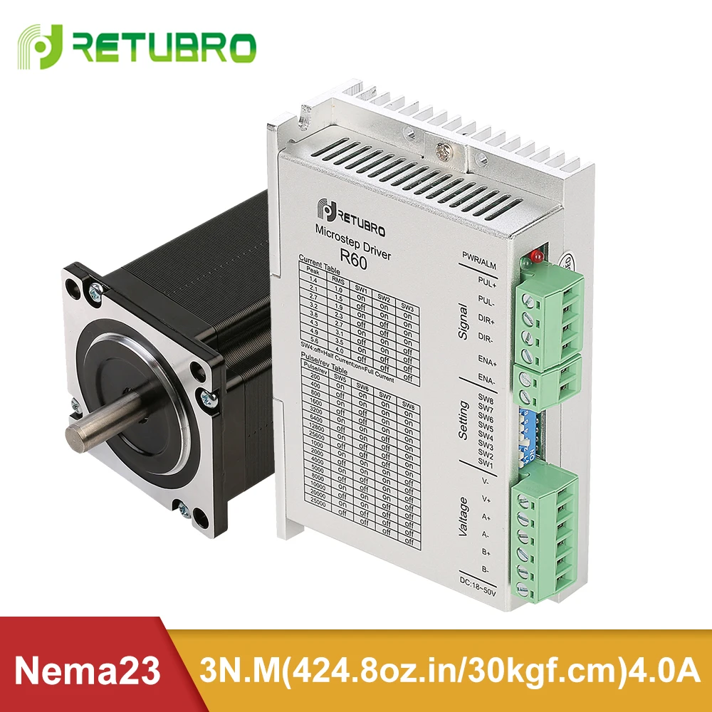 

R60+57A3 RETUBRO Stepper Motor Driver Kit Nema 23 2 Phase Open Loop 3NM 100mm Length 8mm Shaft Hybrid Bipolar 50VDC Voltage 5.6A