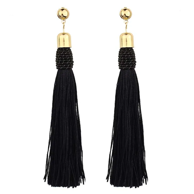 Fashion Bohemian Alloy Fringe Women\'s Earrings Black Brown Blue Red Silk Fabric Long Fringe Earrings Women\'s Jewelry