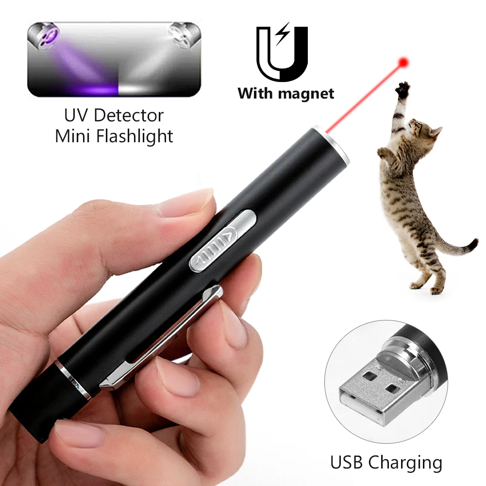 

3 In 1 Laser Creative Pointer Pattern UV Flashlight Mini USB Charging Teasing Supplies Cat Pet Interactive Toys Funny Light pen