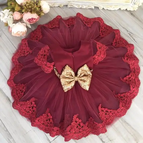 Rot Baby Mädchen Geburtstag Kleid Kinder Kleidung Kleinkind Elegante Taufe Partei Tutu Kleid Mit Pailletten Bogen