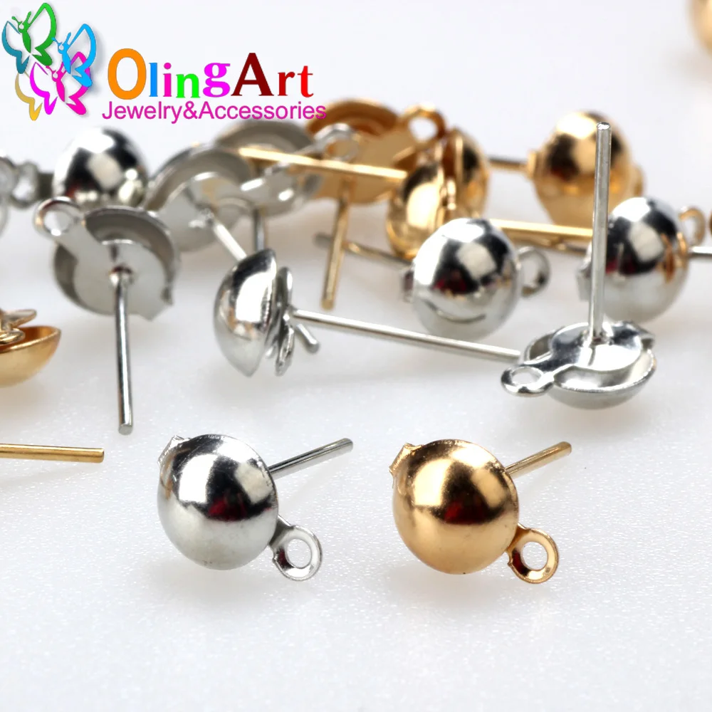 Olingart 50pcs 5/6/8mm Gold Silver plated Stud Earring Blank Base Fit Cabochon Settings Ear Post Earring DIY Jewelry Making