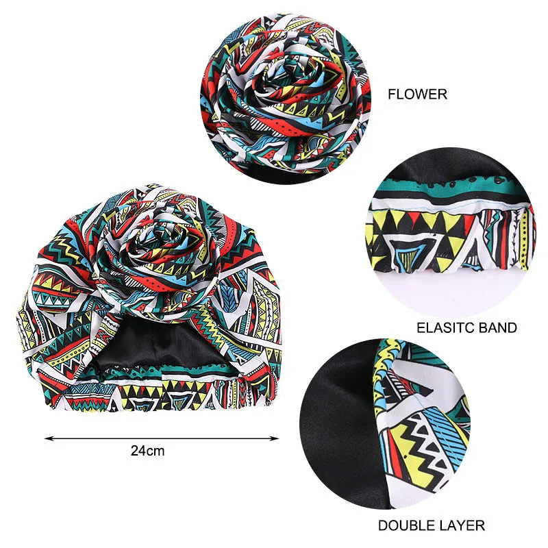 Women African Pattern Knot Headwrap Pre-Tied Knotted Turban Bonnet Satin Linned Beanie Headscarf Cap Headwear Hair Accessories