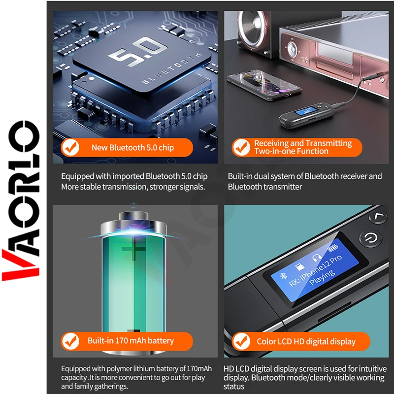 VAORLO LCD 디스플레이 USB 블루투스 5.0 오디오 어댑터, 내장 배터리, 3.5mm RCA USB TF 스테레오 음악, PC TV 자동차 무선 동글