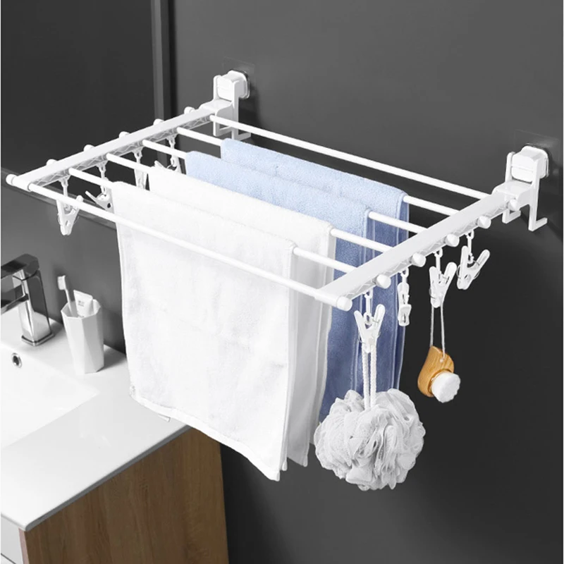 Folding Clothes Hanger Wall Mount Retractable Cloth Drying Rack Indoor & Outdoor Space Saving Aluminum Home Laundry Clothesline