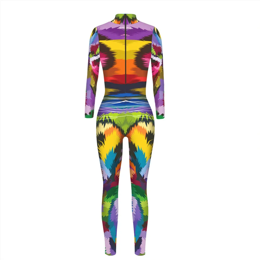 FCCEXIO Jumpsuit Gambar Harimau 3D Warna-warni Bodysuit Elastis Cosplay Seri Pesta Jumpsuit Kurus Wanita Seksi Lengan Panjang