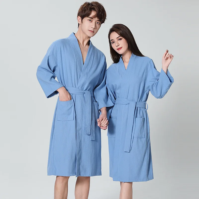 

Men Women Cotton Bathrobe Lovers Solid Waffle Sleepwear Long Bath Robe Kimono Femme Dressing Gown Water Uptake SPA Hotel Robes