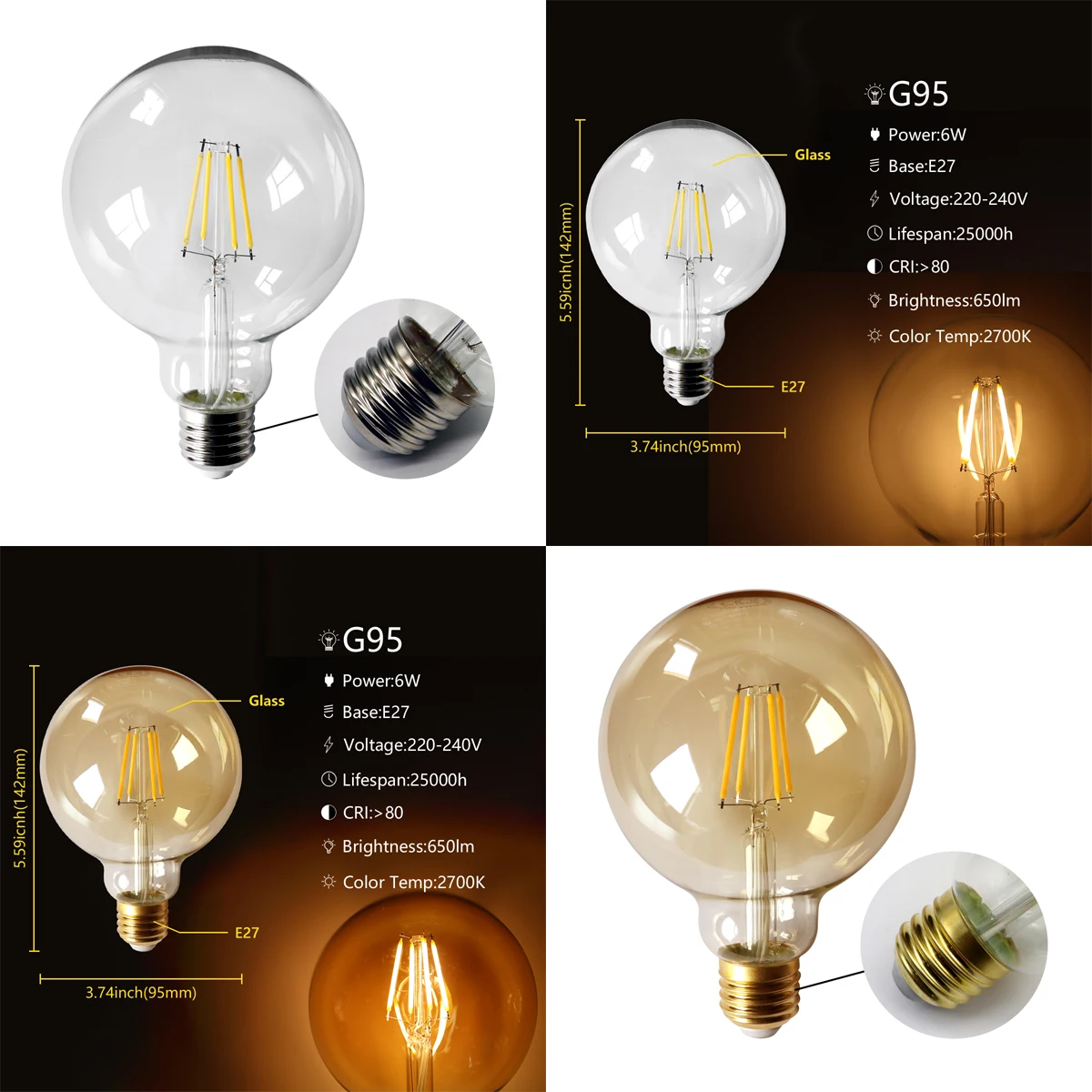 4pcs/lot 2022 Rushed Sale Ce Rohs Decor Retro Edison Led Filament Bubble Ball Bulb G95 E27 6w 220v For Home Bedroom Decoration