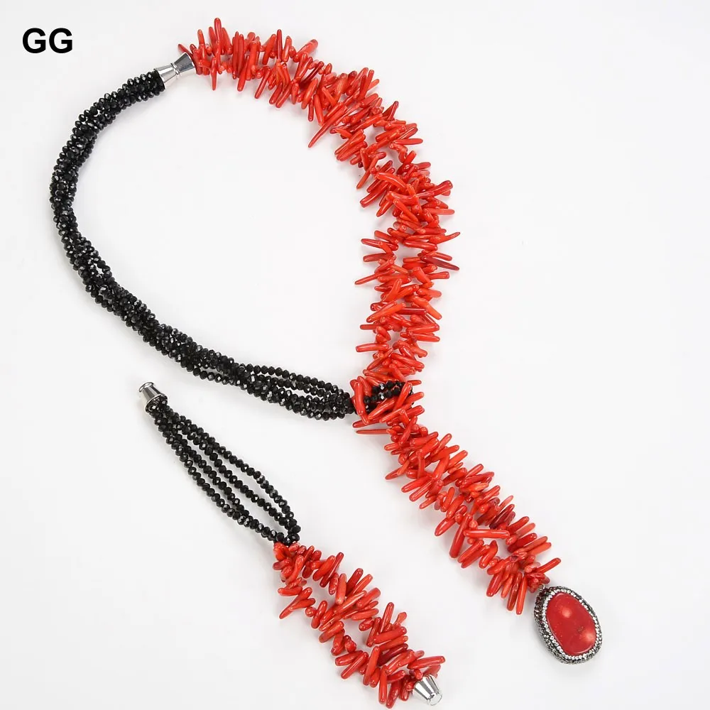 GuaiGuai Jewelry 22'' 5 Strands Red Coral Black Crystal Necklace Bracelet Set