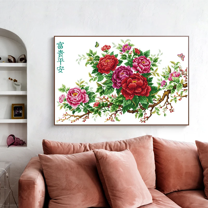 Joy sunday Wealth and peace Peony pattern DIY cross stitch kits 11CT 14CT counted embroidery set Fabric crafts Home decoration