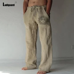 Plus Size 5xl Mens Loose Pants 2025 Summer Casual Linen Pants Male Fashion Print Trouser Men Patchwork Drawstring Leisure Pant
