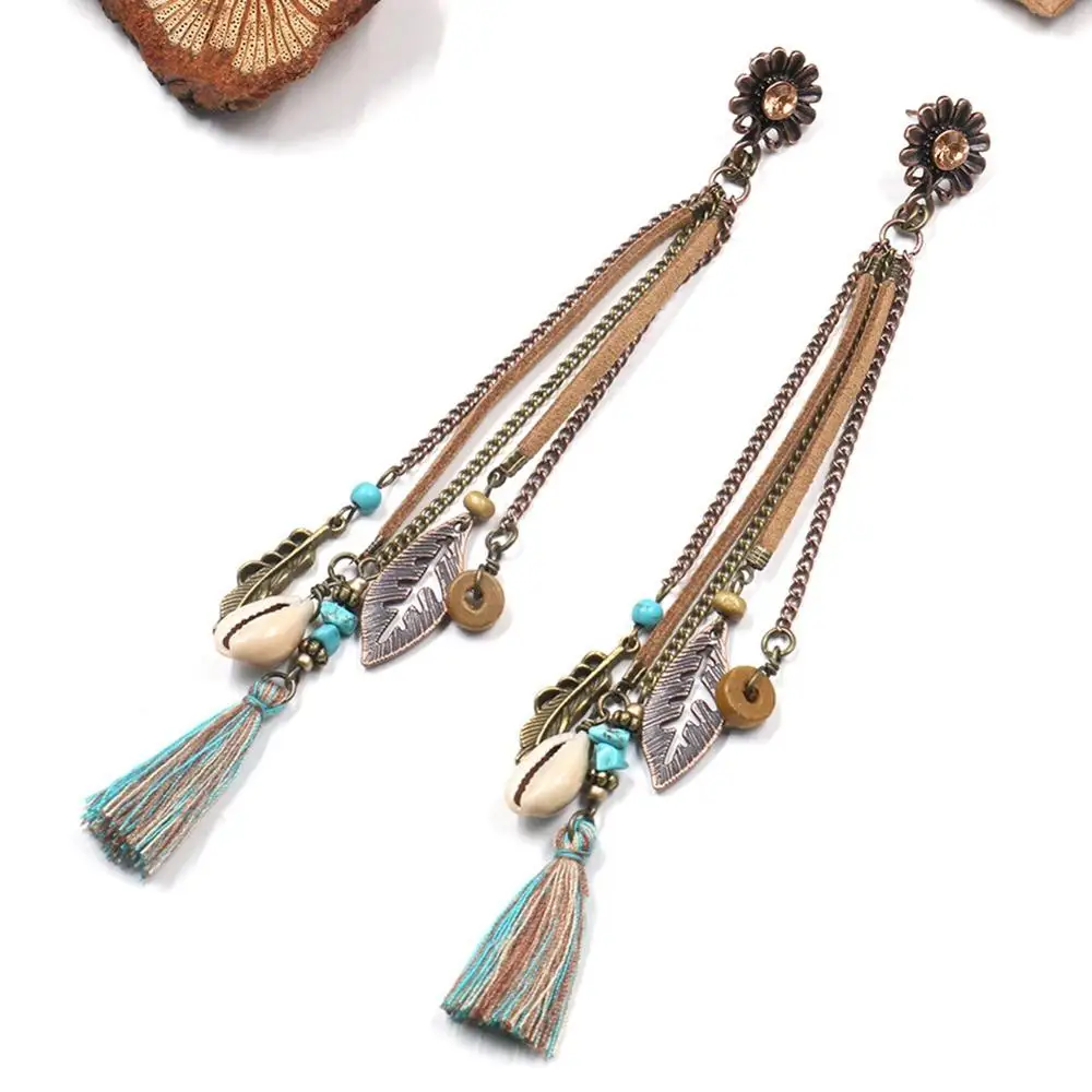 Women Fashion Bohemian Shell pendant Earrings Vintage Long Tassel Fringe Boho Dangle Earrings Morocco Turkish Earings Jewelry view 3