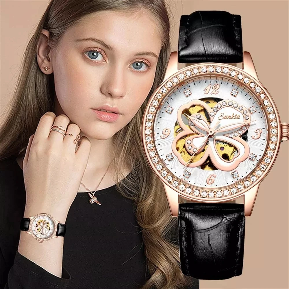 

relogio feminino SUNKTA Automatic Mechanical Watch Women Fashion Rhinestone hollow design Watch Leather Strap Waterproof Clock