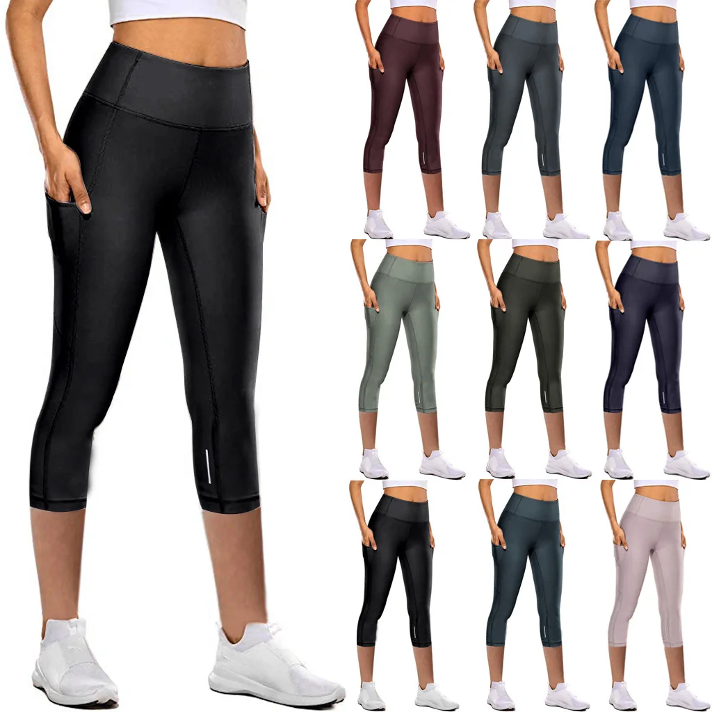 Pantaloni da Yoga da donna al polpaccio con leggings da corsa pantaloni sportivi Capri palestra Fitness vita alta Legging ragazza maglia nera 3/4