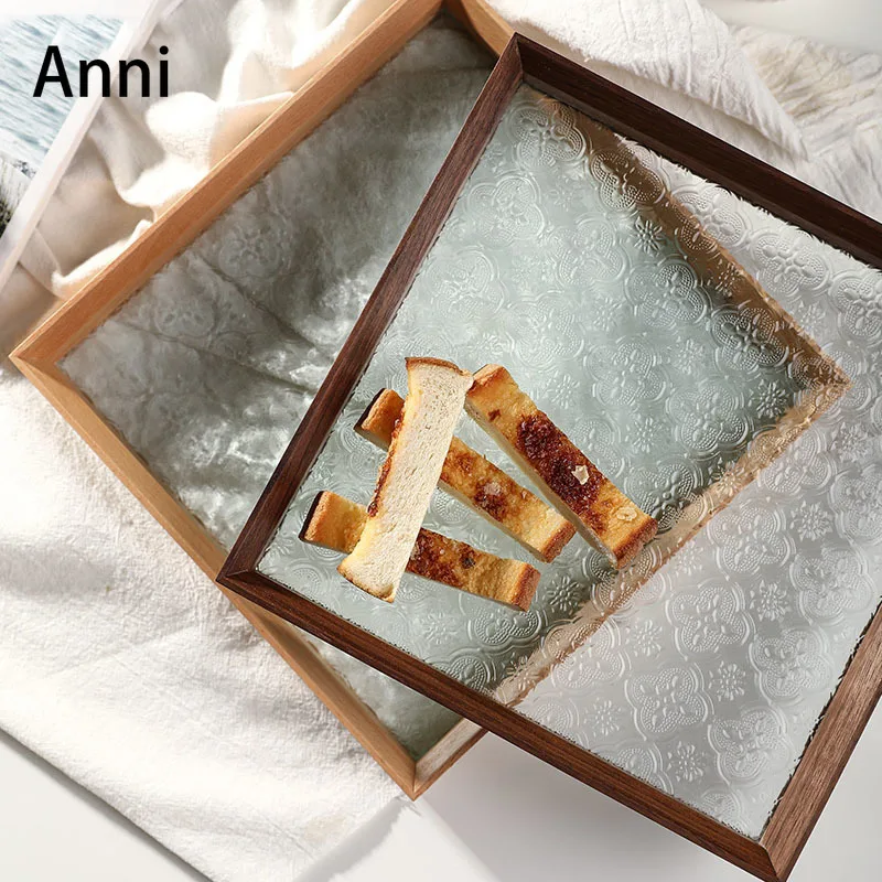 

Walnut Wood Trays Decorative Japanese Simple Embossed Begonia Glass Afternoon Food Tea Set Display Tray Hotel Serving Tray