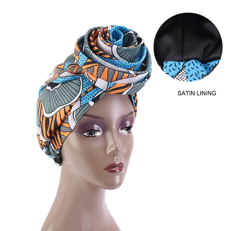 New African Print Stretch Bandana Head WrapFloral Ankara Bonnet  satin linned beanie headscarf Turban Headwear Hair Accessories