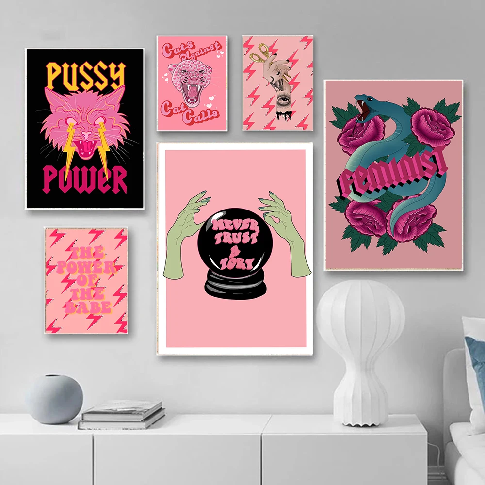 Feminist Fashion Art Pink Girl Power Wall Art Canvas Painting Prints Girls Gift Modern Pictures Living Room Bedroom Wall Poster