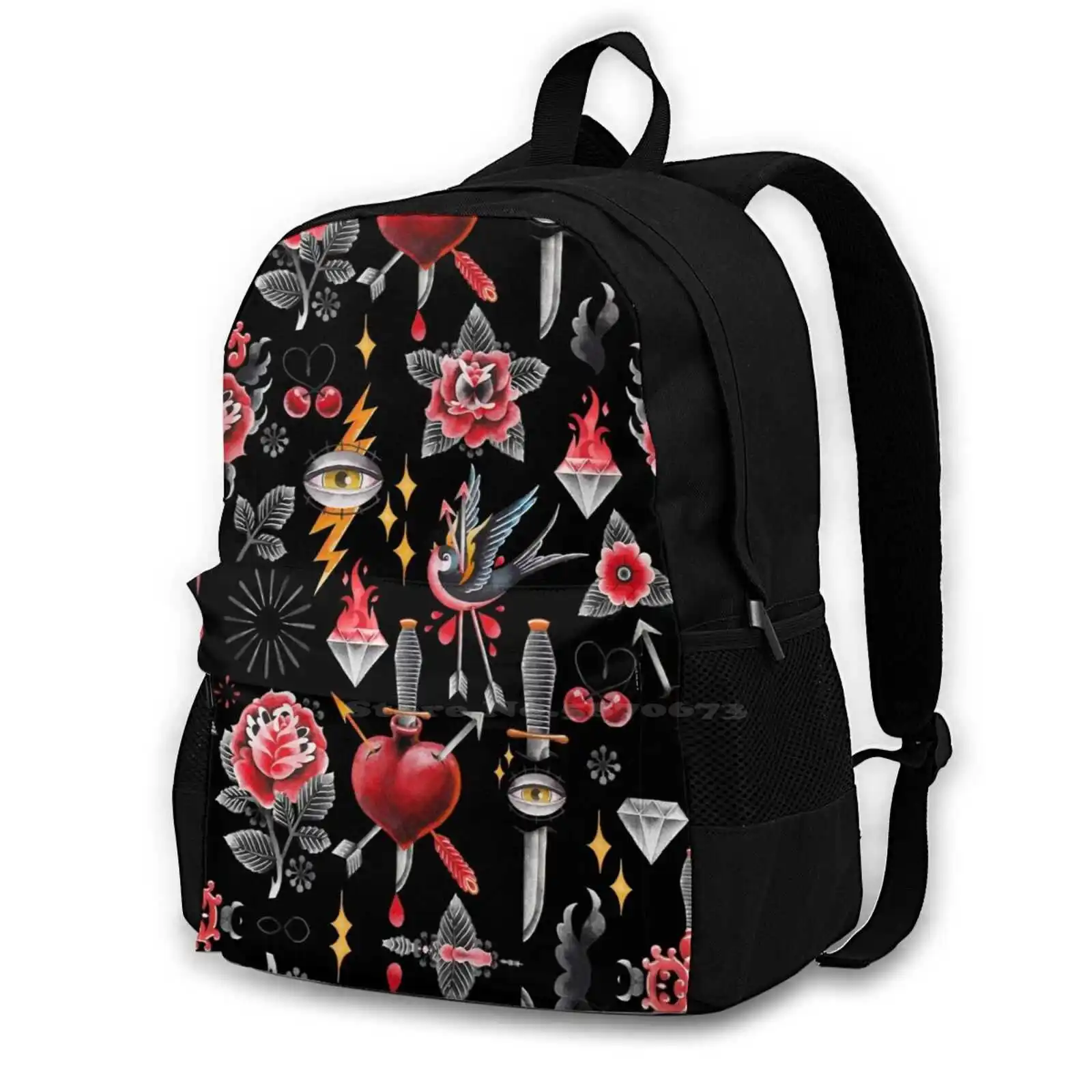 Old School Tattoo Flash Backpack For Student School Laptop Travel Bag Old School Tattoo Tattoo Flash Heart Dagger Swallow Edgy