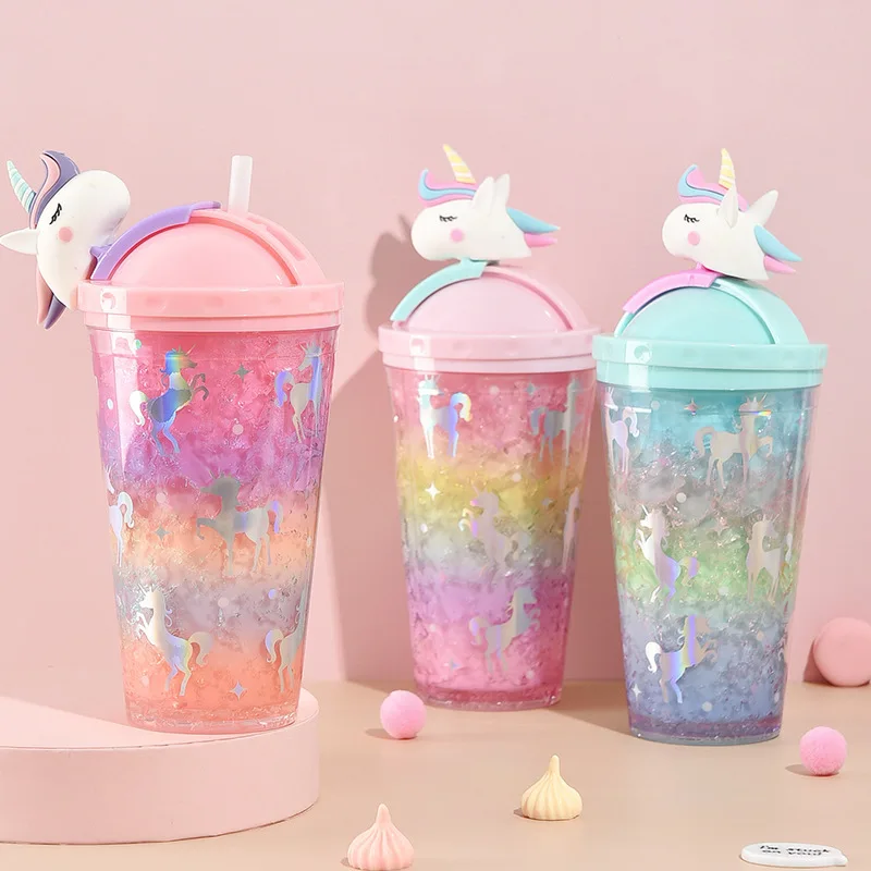 450ml Creative Unicorn Cartoon Straw Mug With Lid Thermal Insulation Double Wall Plastic Cup Girls Portable Water Bottle Ice cup