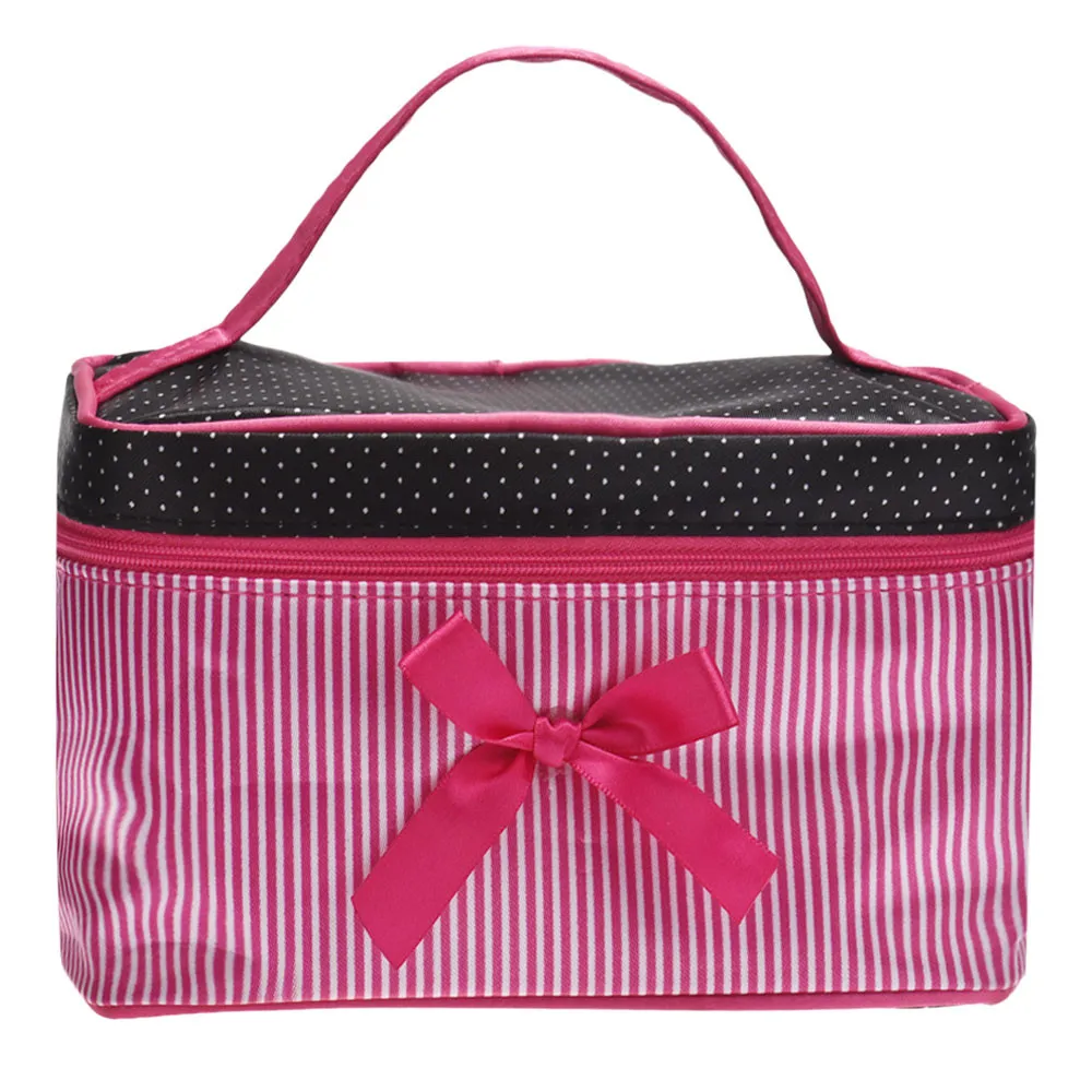 Women Travel Bow Stripe Make Up Bags Girl Cosmetic Bag Makeup Beauty Bra Wash Organizer Toiletry Pouch Storage Kit Bath Case