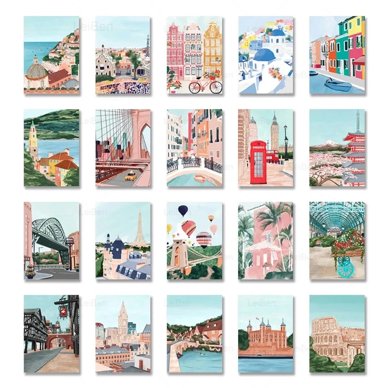 Cartoon Famous City Landscape Travel Posters and Prints Rome Dubai Tokyo Canvas Paintings for Home Cuadros Decoration Pictures