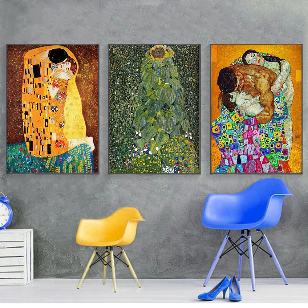 Gustav Klimt Kuss Sonnenblume Abstraktes Ölgemälde auf Leinwand Druck Poster Moderne Paar Kunst Wand Bilder Für Wohnzimmer Cuadros