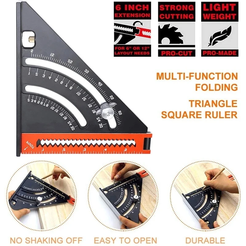 Aluminum Alloy 2-in-1 Extendable Layout Folding Triangle Squares Ruler Positioning Angle Woodworking Tool