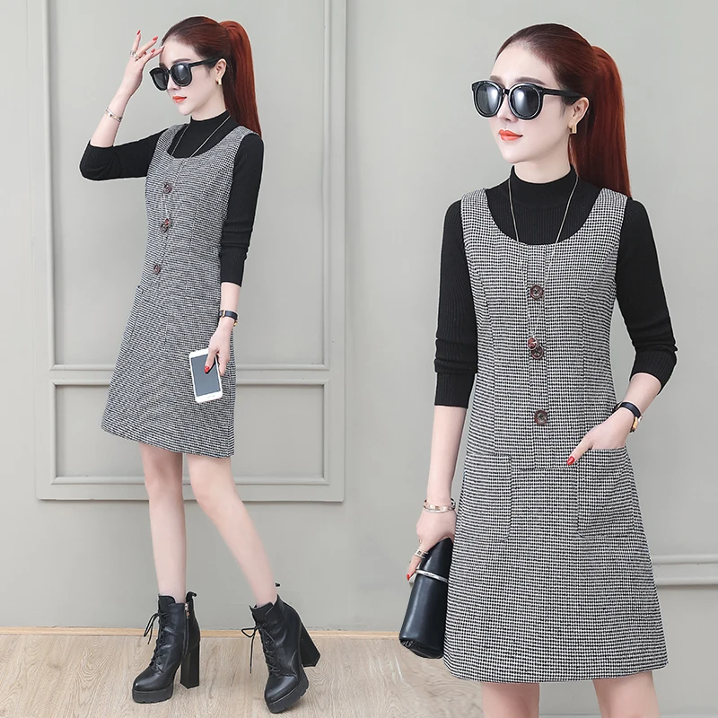 

Houndstooth Woolen Vest Dress Women's 2021 Autumn Winter Slim Sleeveless Dress With pockets Plus size Casual Woolen Dress Female