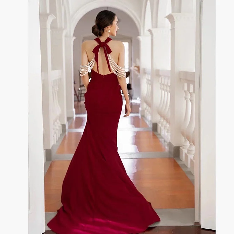 Vintage Wine Red Celebrity Dresses Halter Sleeveless Sexy Backless Pearl Slim Mermaid Female Banquet Trailing Party Evening Gown