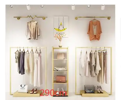 Light luxury clothing store display rack floor-to-floor gold women's wear display shelf decoration side hanging horizontal bar