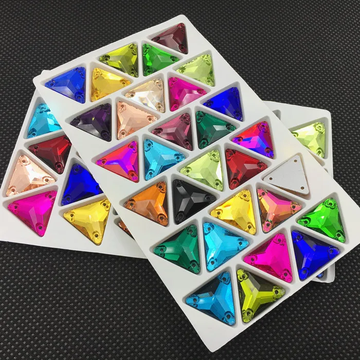 Triangle en cristal de verre à coudre sur strass 12 16 22mm, dos plat avec trou, toutes les couleurs, pierre à coudre pour robe de Costume, artisanat