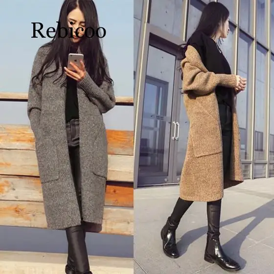 

Woman Cardigan Sweater Long Autumn Winter Female Solid Color Fashion Clothing Woman Sweaters Pocket Knit Open Stitch