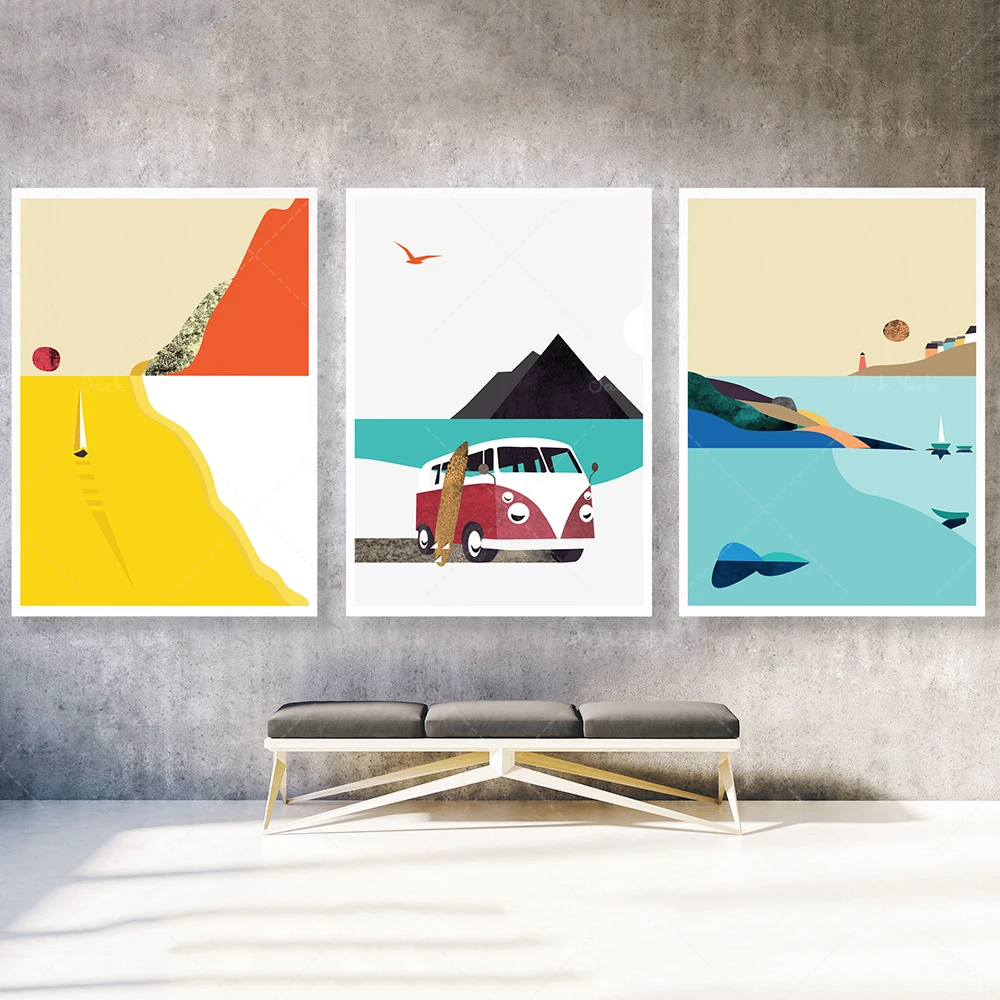 Camper Van Summer Adventure, Travel Set, Nordic Boats, Seascape Nordic, Modern Minimalist Scenery, Mother's day Gift